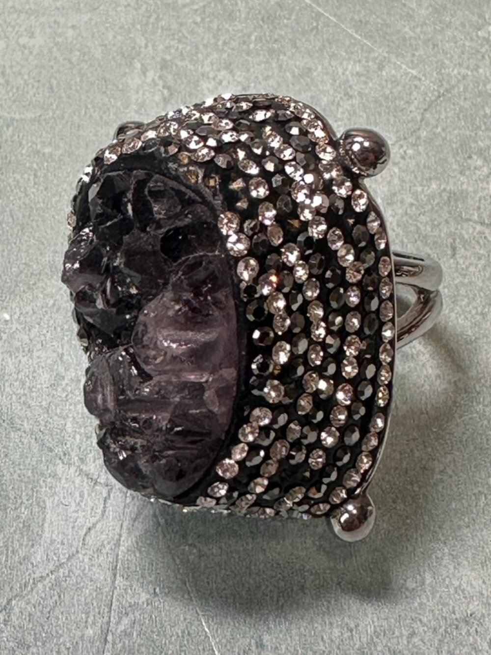 JC Stainless Steel Purple Druzy Stone Large Cocktail Ring Set in Clear Stones